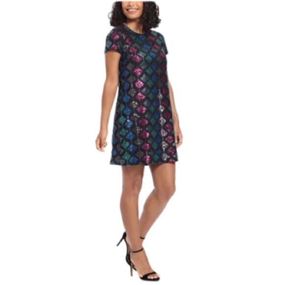 London Times Short Sleeve A-Line Dress in Black/Multi-Color Sequins, Sz 8P. NWT! - Picture 2 of 16